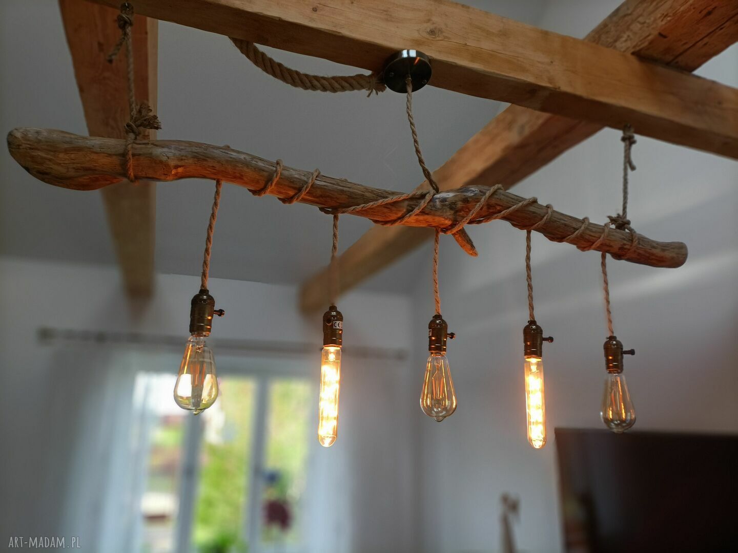 Drewniana lampa wisząca Jaro Blue0 - loft rustykalna z juty i drewna