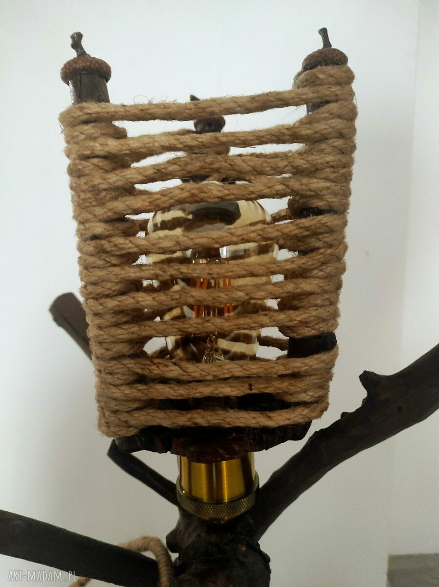 Lampa z gałęzi i kamienia - naturalne światło z kloszem z juty (E27)