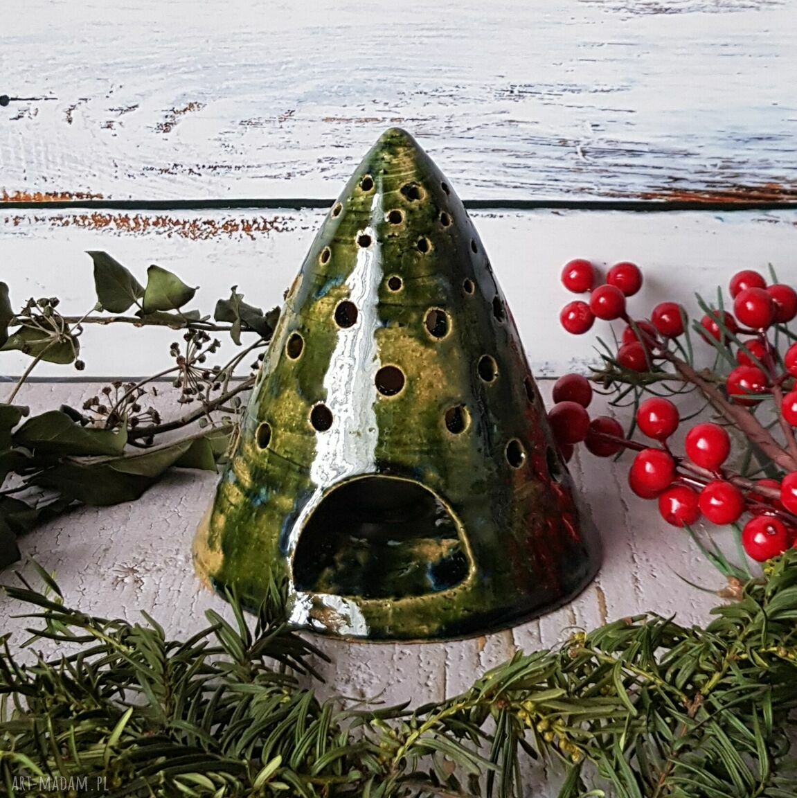 Lampion choinka ceramiczny na tea light (zielony)