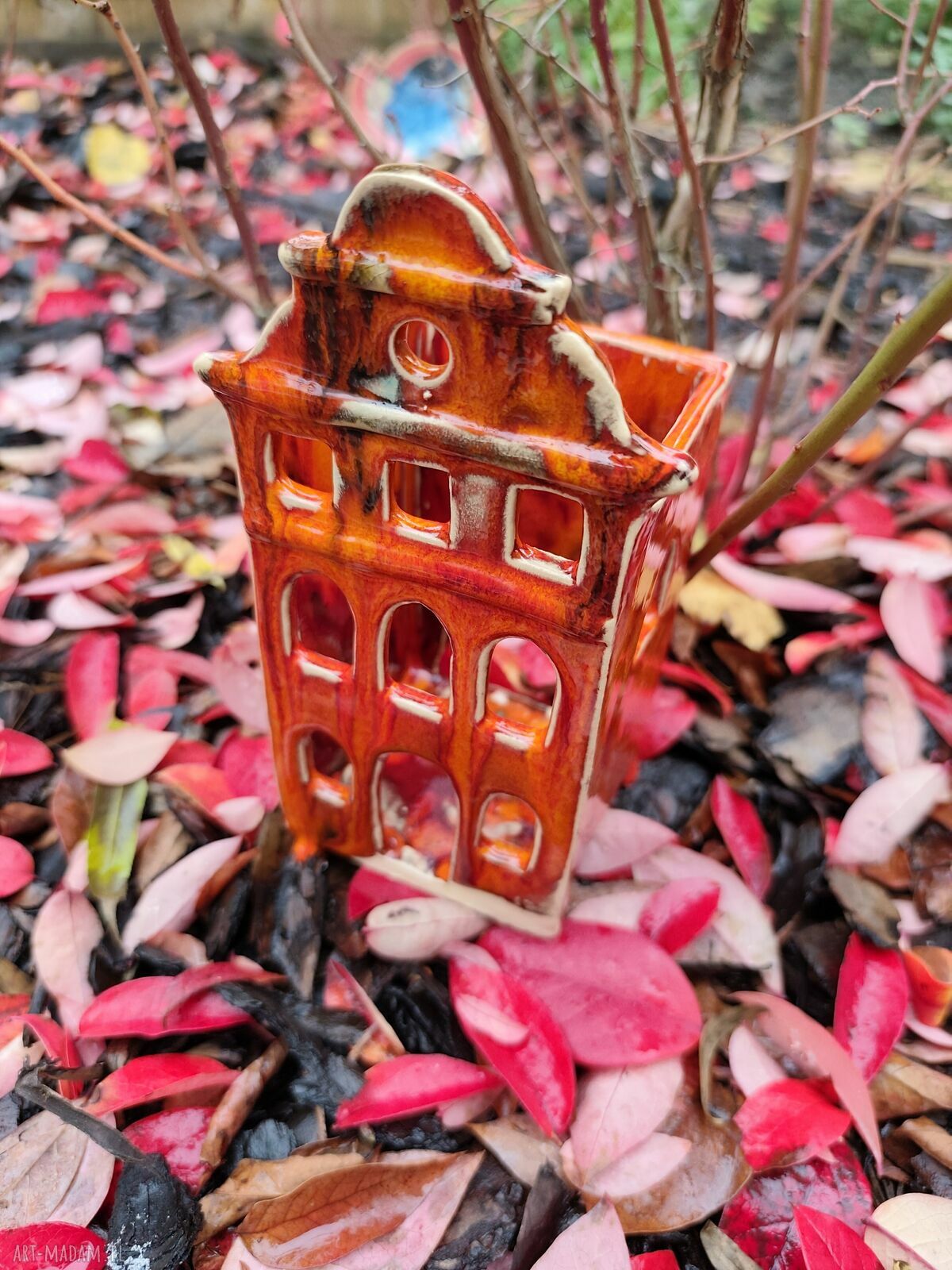Ręcznie wykonany lampion - kamieniczka ceramiczna w jesiennych barwach