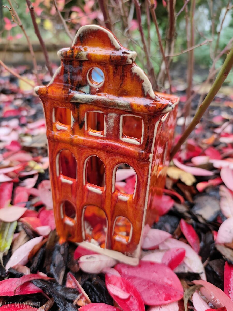 Ręcznie wykonany lampion - kamieniczka ceramiczna w jesiennych barwach