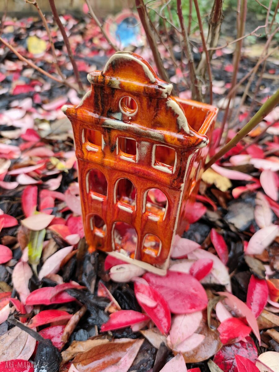 Ręcznie wykonany lampion - kamieniczka ceramiczna w jesiennych barwach
