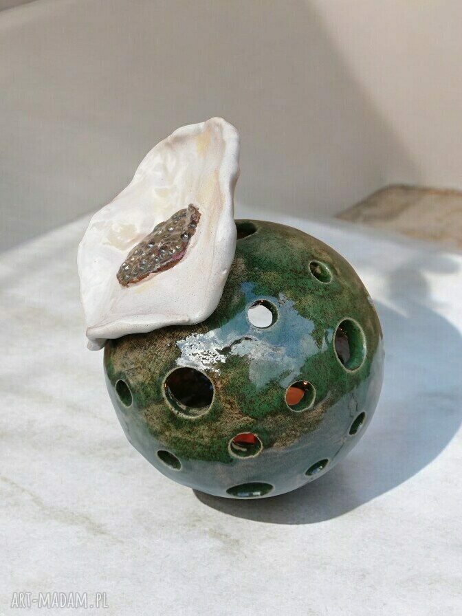 Lampion kominek aromaterapia - ceramiczna kula zapachowa ręcznie robiona białe i zielone