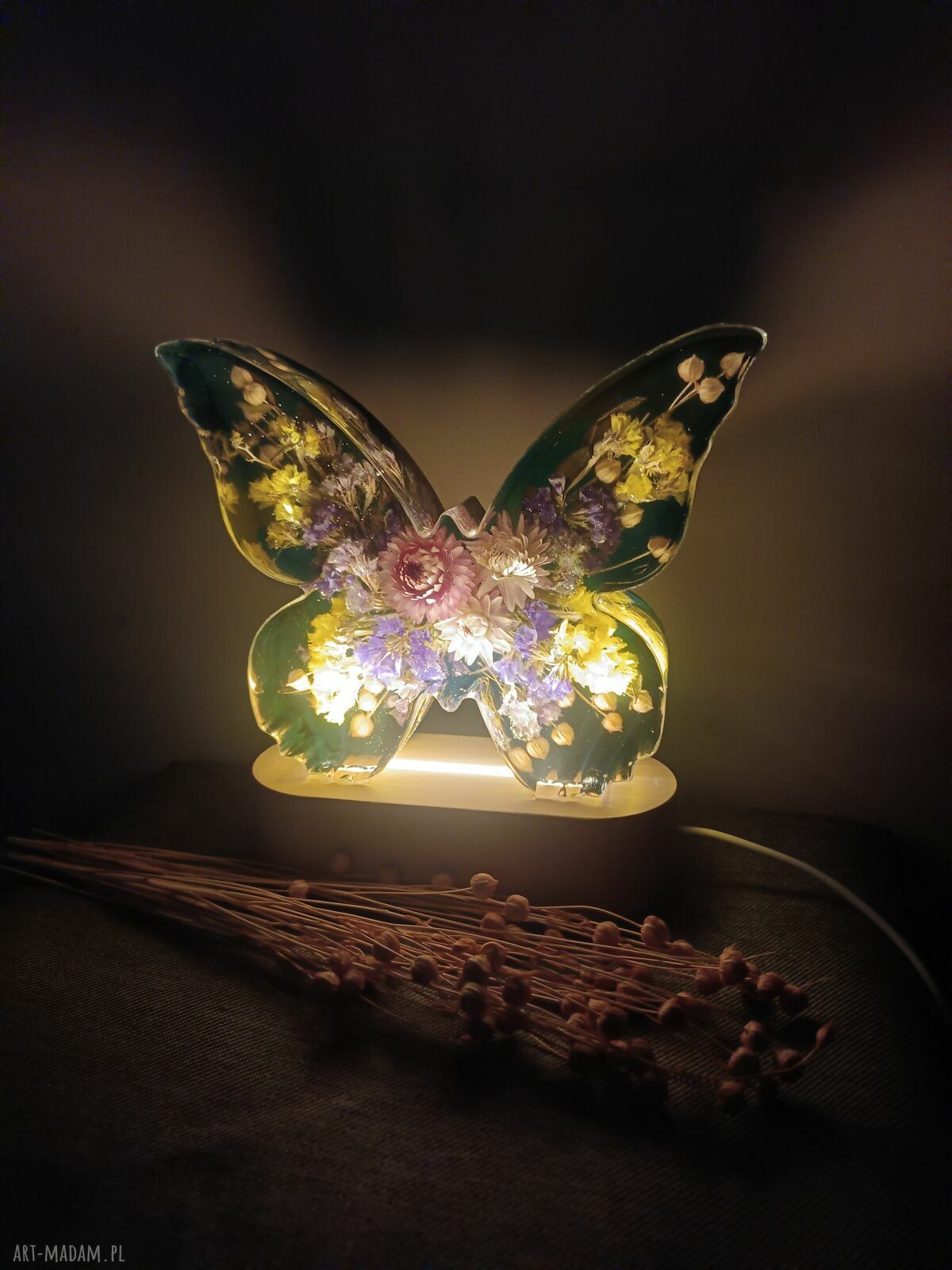 Lampka dekoracyjna motyl z suszonymi kwiatami - LED USB