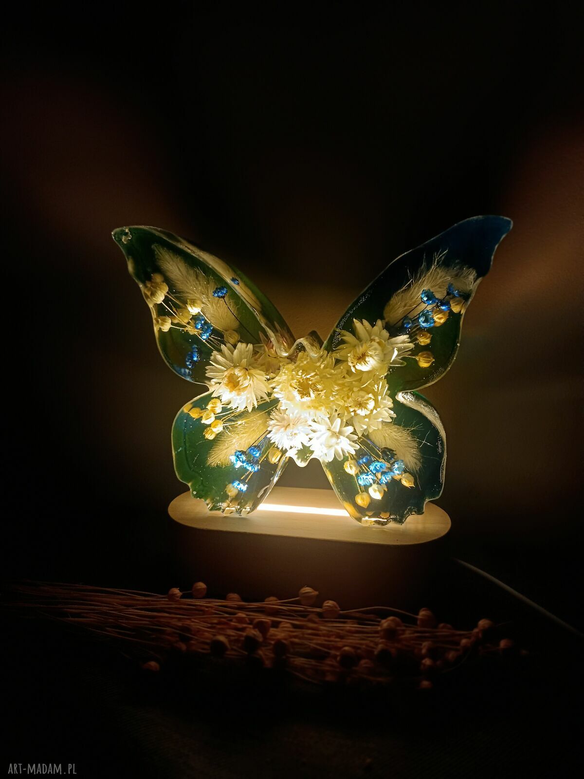 Lampka dekoracyjna motyl z suszonymi kwiatami LED