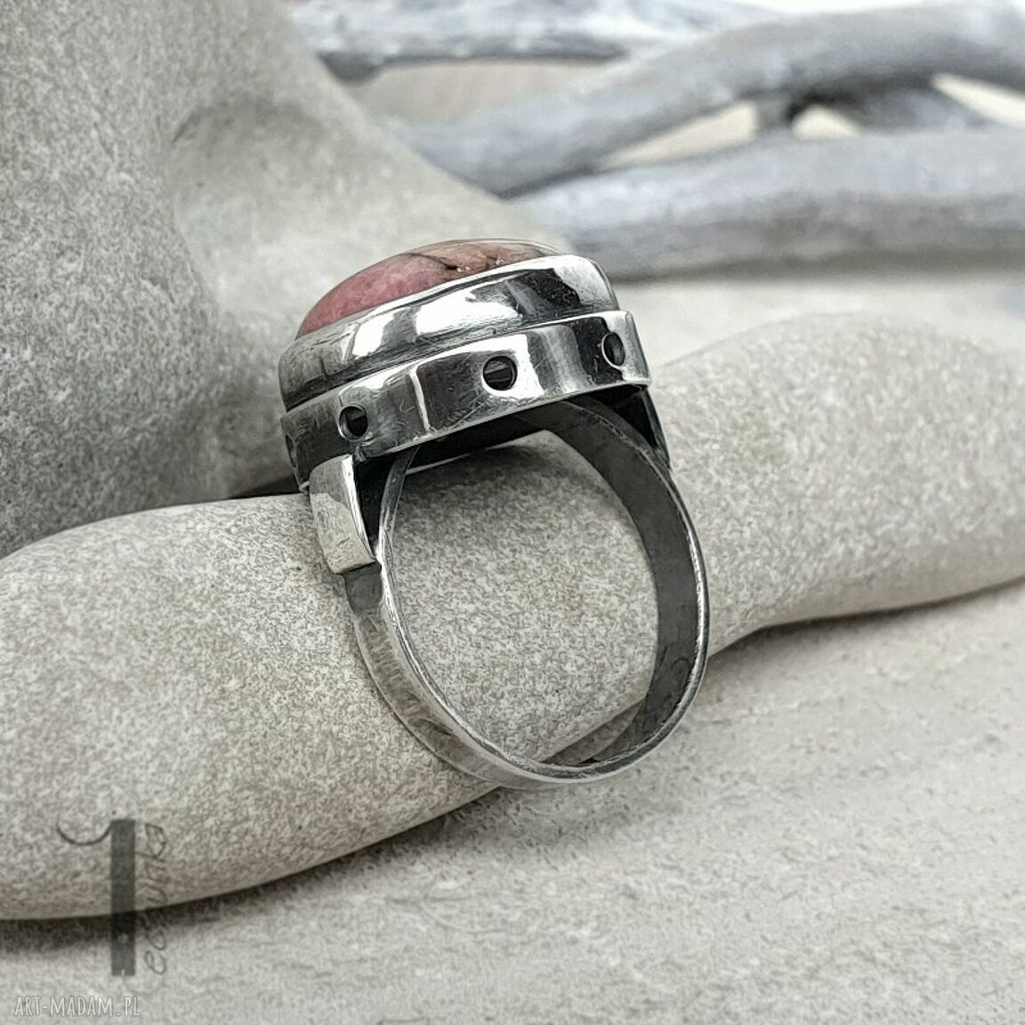 pierścionki: Lamuse I srebrny pierścionek z rodonitem ręczne wykonanie