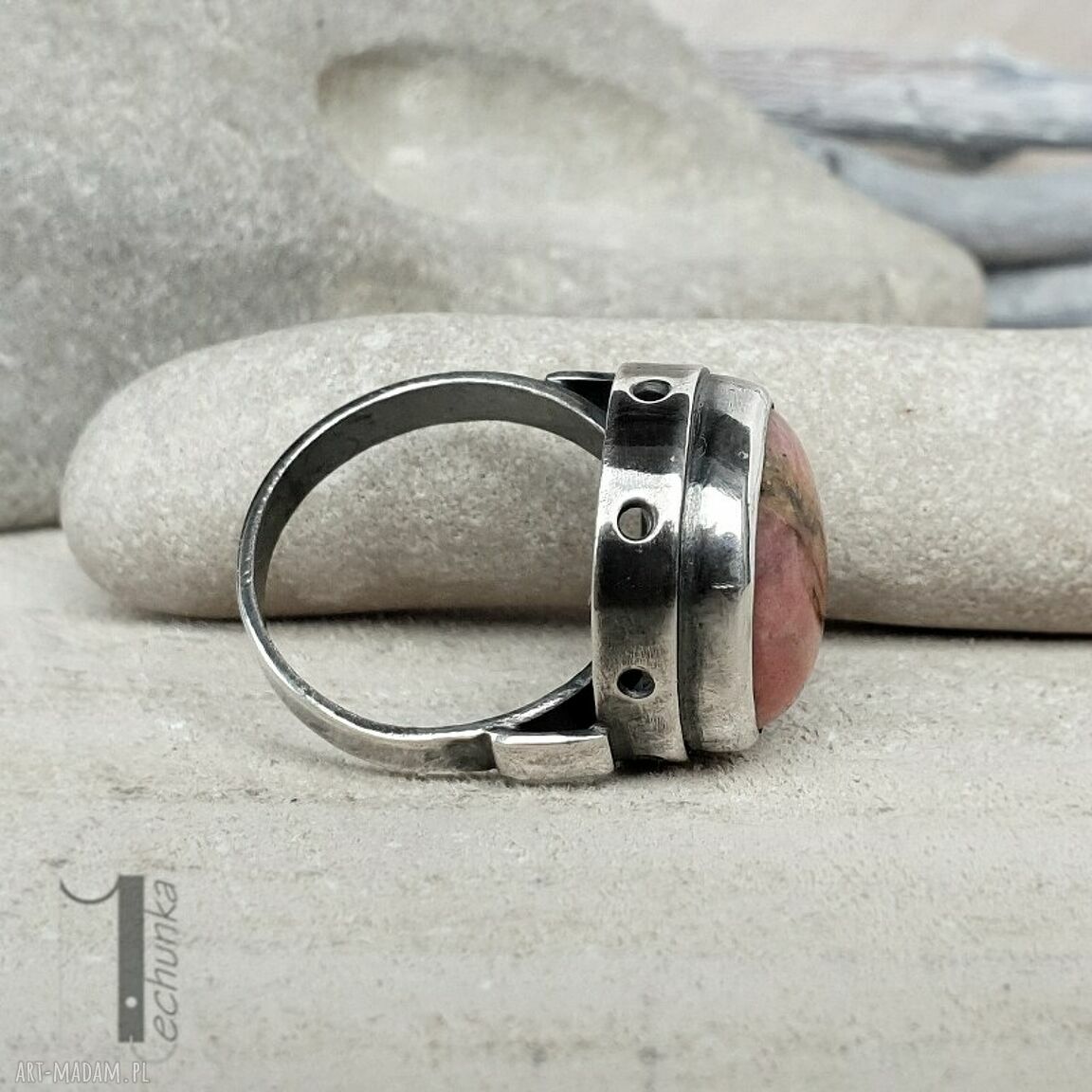 pierścionki: Lamuse I srebrny pierścionek z rodonitem ręczne wykonanie