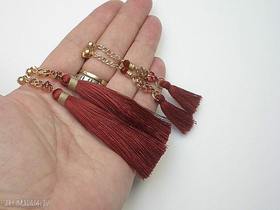 Boho kolczyki jarzębinki z chwostami, cyrkoniami i kryształkami 8 cm (handmade)