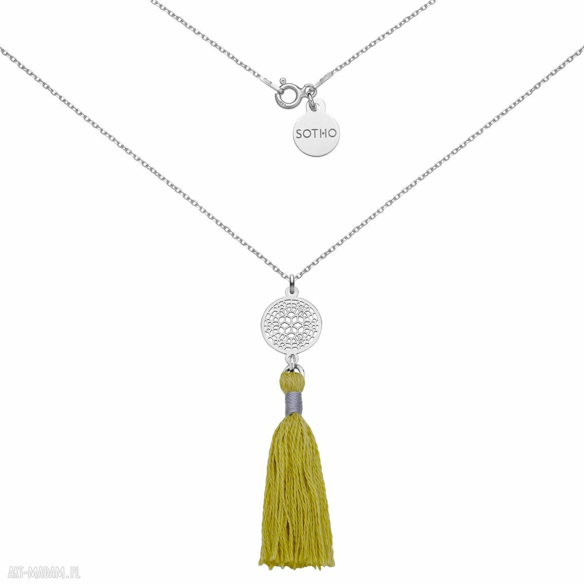 Srebrny naszyjnik limonkowym chwostem rozetką łańcuszek zawieszka