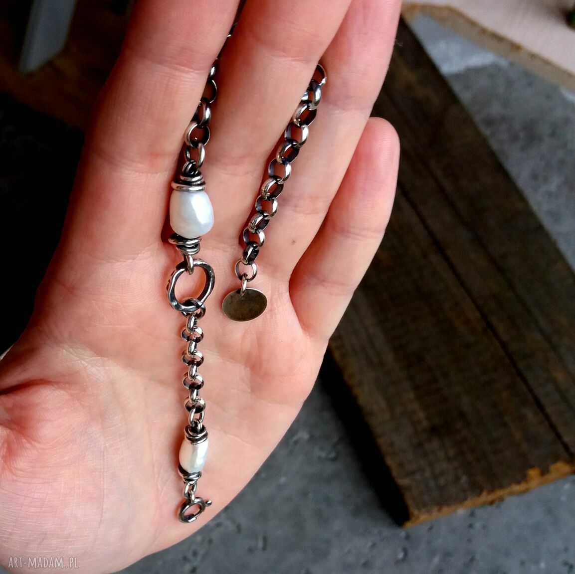 Nowoczesna bransoleta z perłami srebro 925 handmade