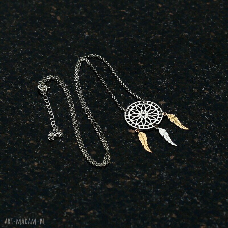 naszyjniki: ŁAPACZ SNÓW NASZYJNIK ETHNO SREBRO I ZŁOTO handmade