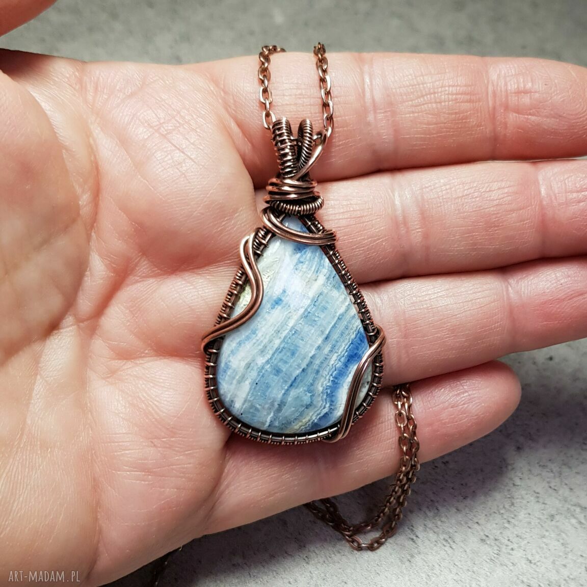 Lapis Lace Onyx m232 - wisiorek wire-wrapping z miedzi