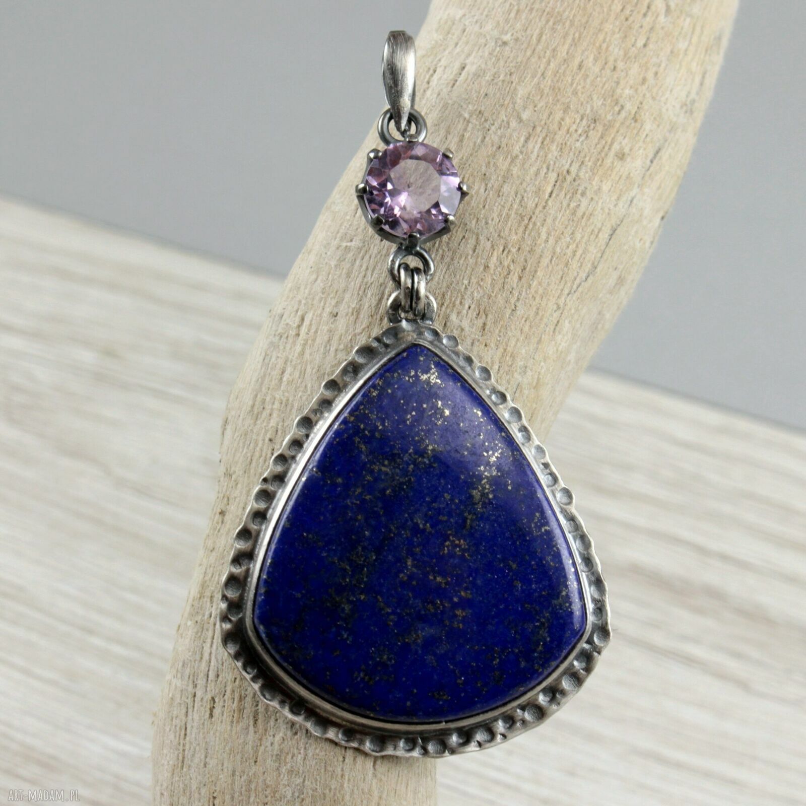 Lapis lazuli, ametyst i oksydowane srebro - ręcznie robiony wisiorek 1889a