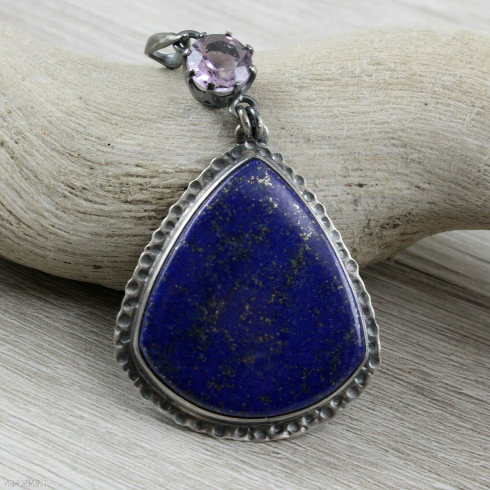 Lapis lazuli, ametyst i oksydowane srebro - ręcznie robiony wisiorek 1889a