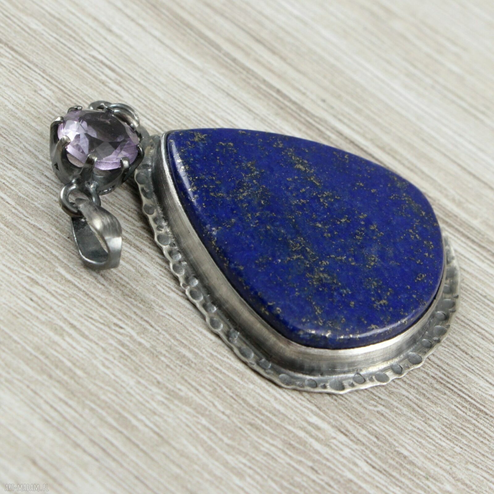 Lapis lazuli, ametyst i oksydowane srebro - ręcznie robiony wisiorek 1889a