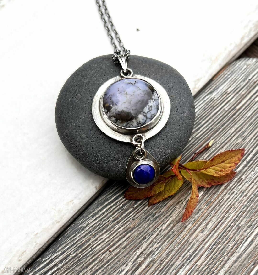 Lapis lazuli i opal dendrytowy las - srebrny wisior 925