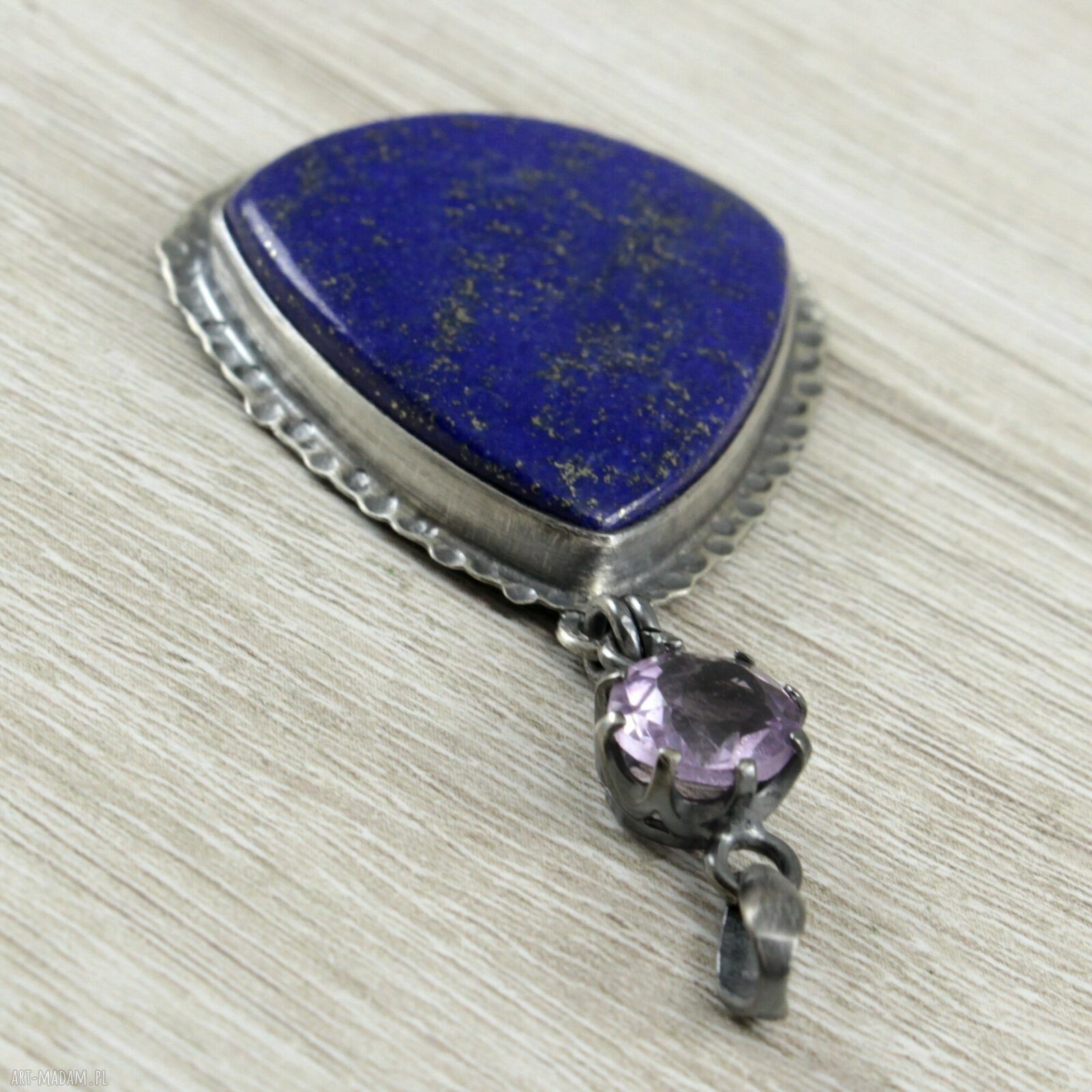 Lapis lazuli, ametyst i oksydowane srebro - ręcznie robiony wisiorek 1889a