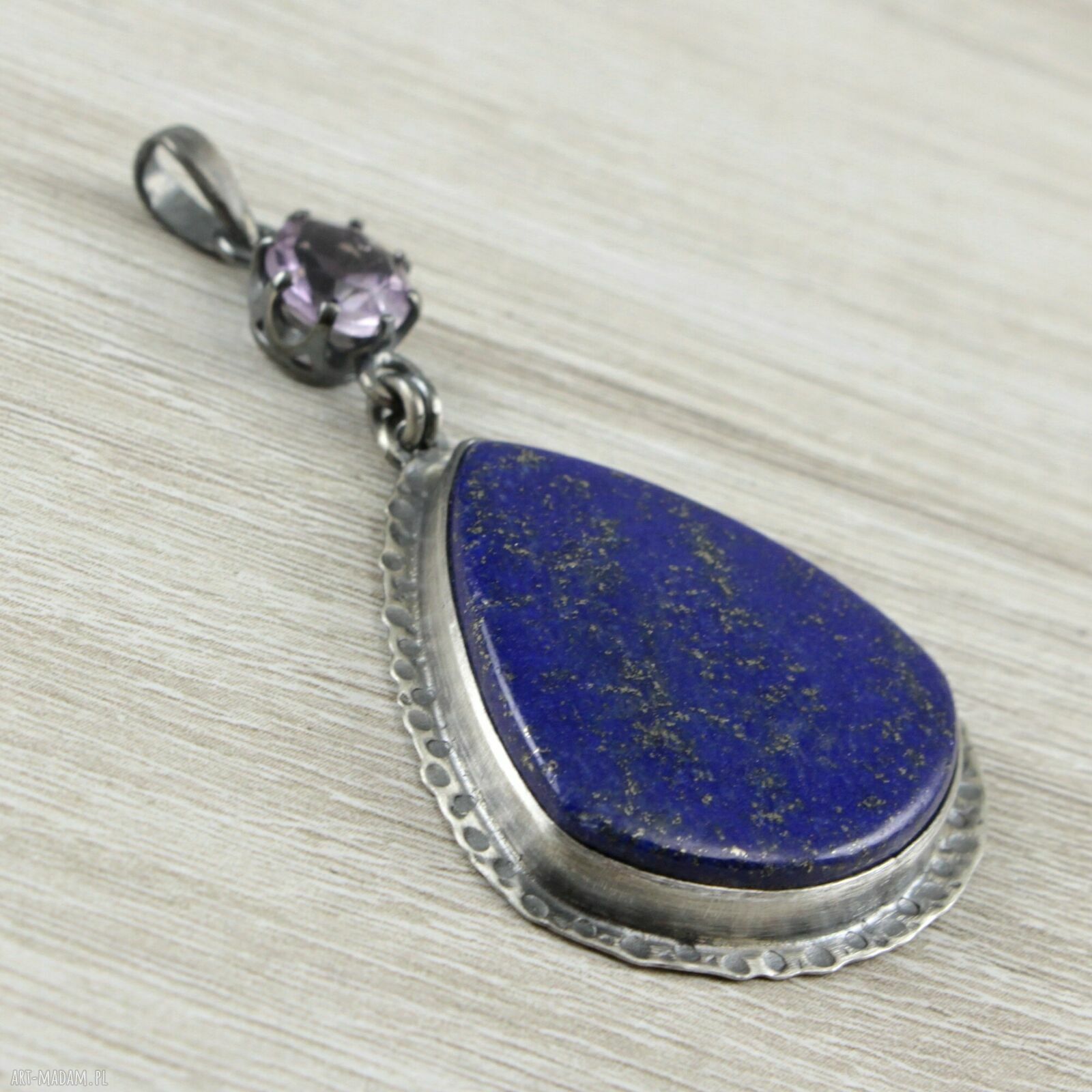 Lapis lazuli, ametyst i oksydowane srebro - ręcznie robiony wisiorek 1889a