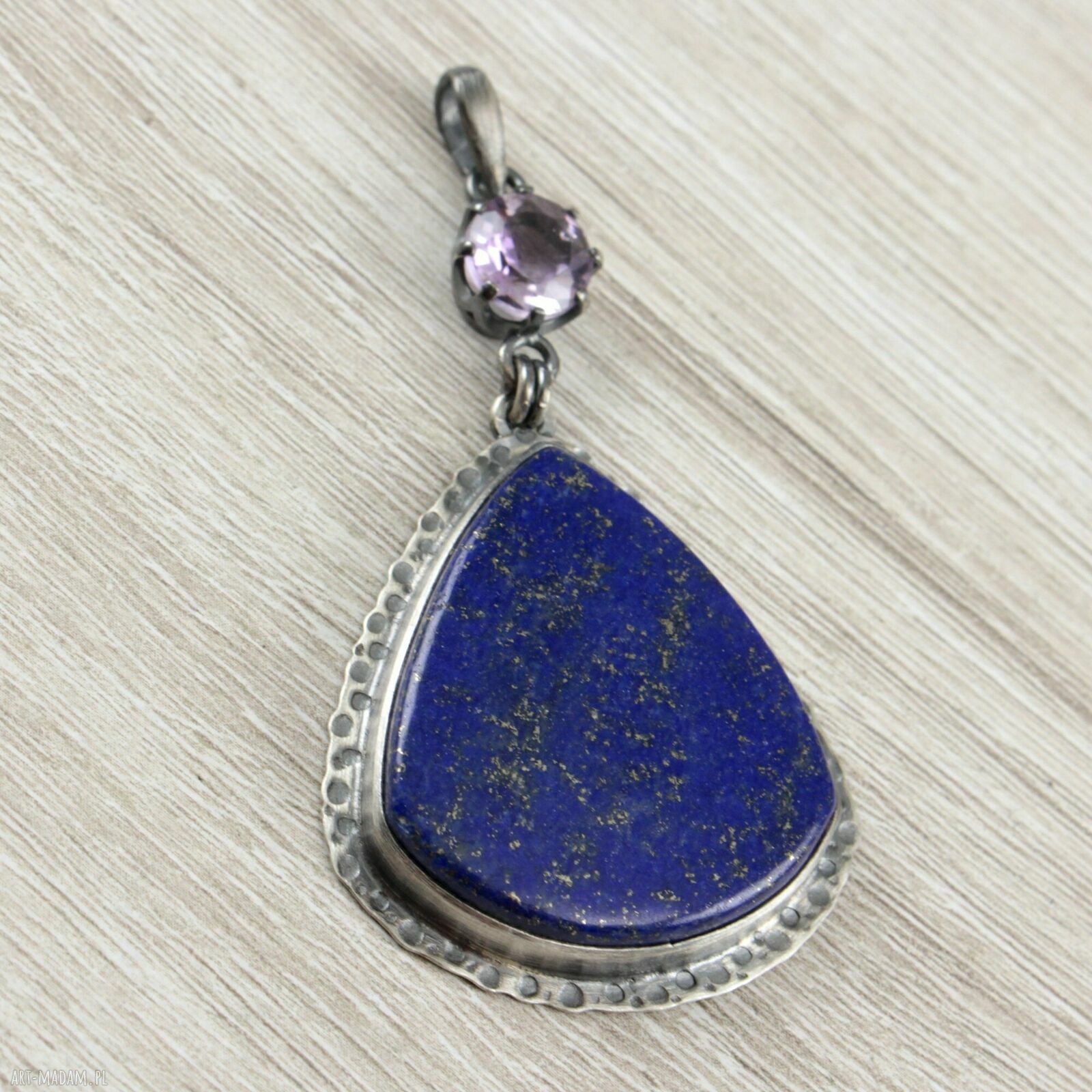 Lapis lazuli, ametyst i oksydowane srebro - ręcznie robiony wisiorek 1889a
