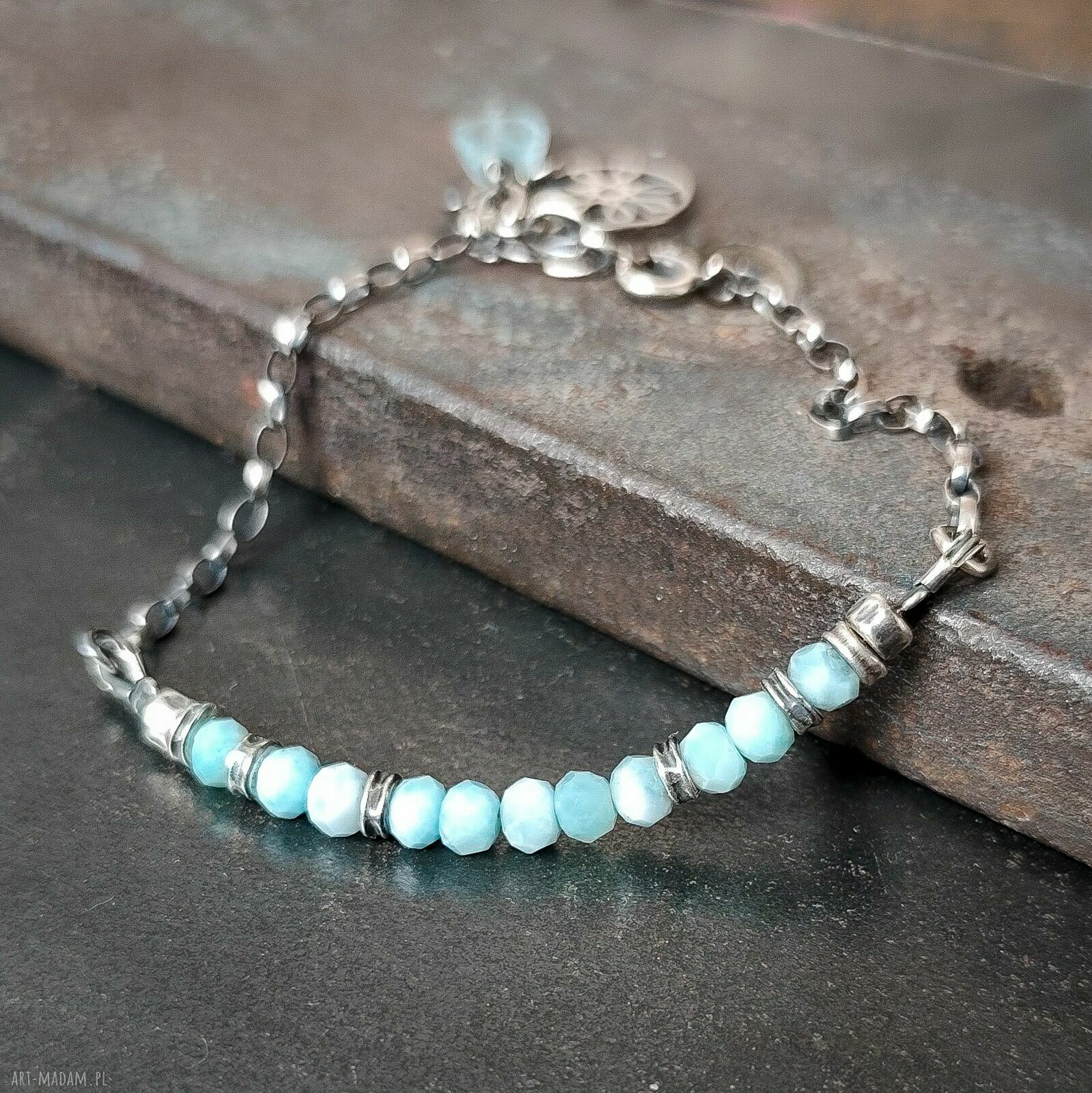 Larimar i akwamaryn - delikatna srebrna bransoletka 925 regulowana