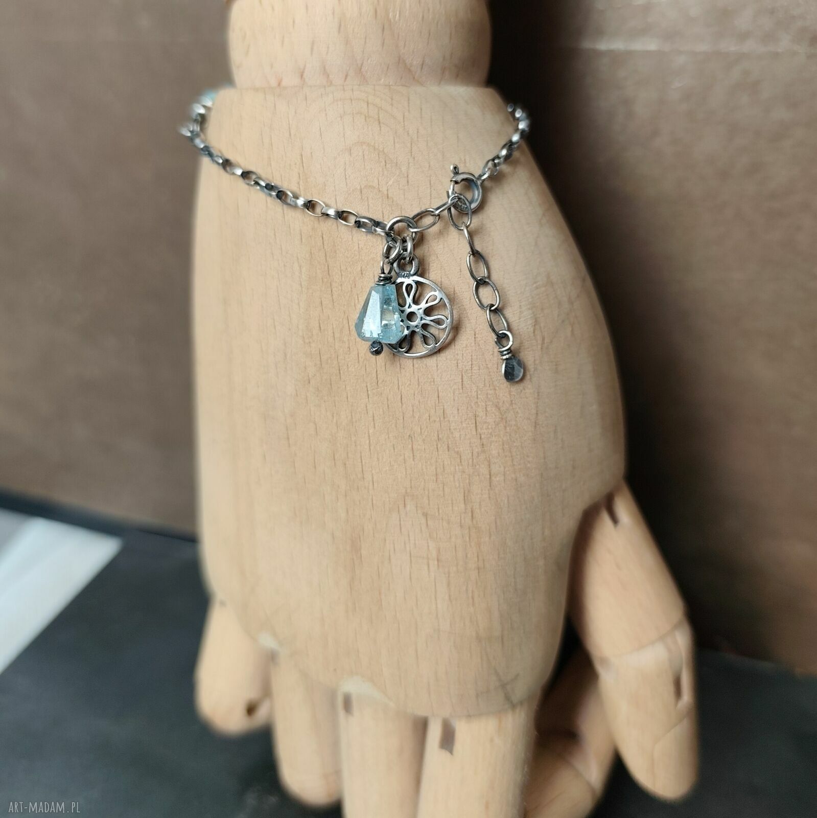 Larimar i akwamaryn - delikatna srebrna bransoletka 925 (regulowana)