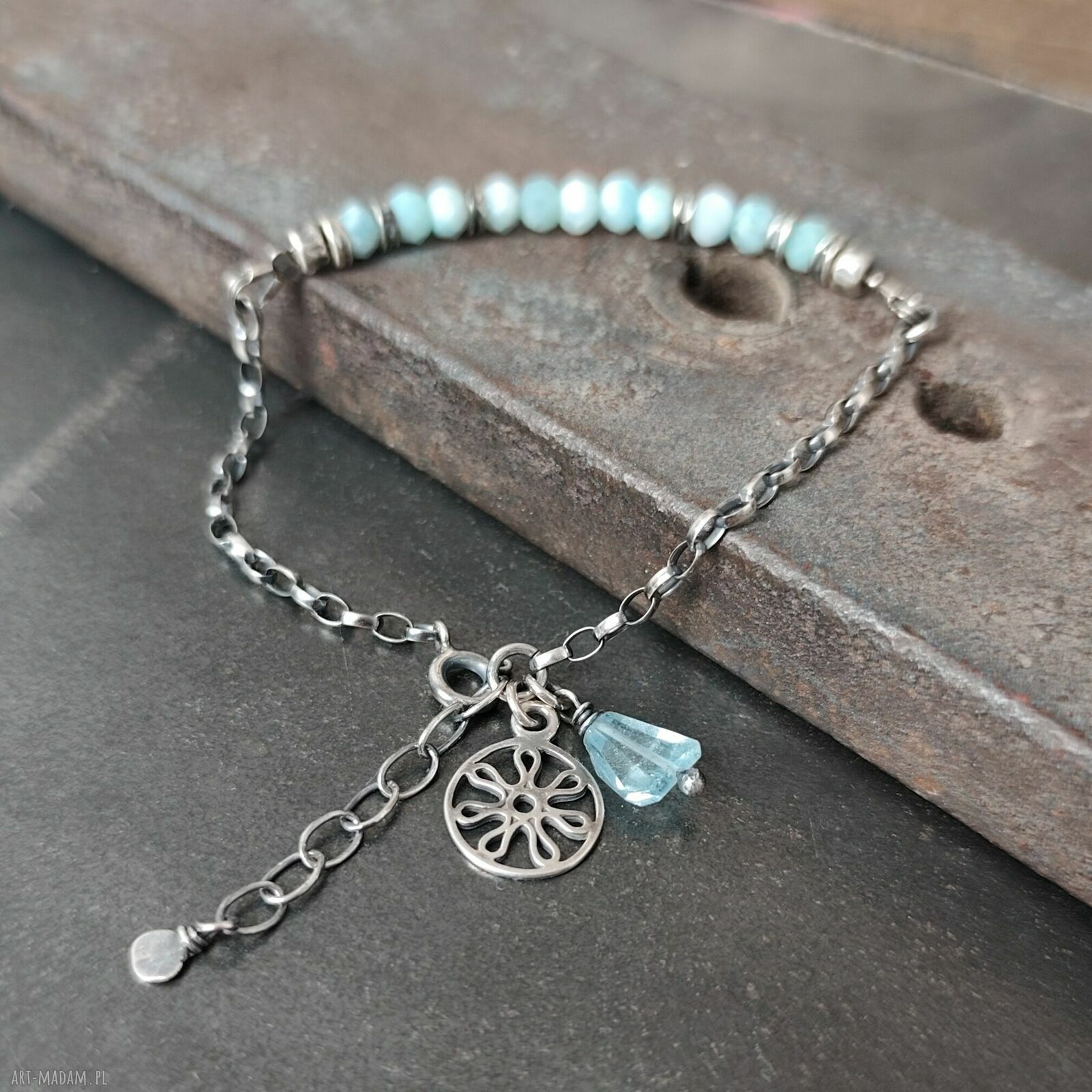 Larimar i akwamaryn - delikatna srebrna bransoletka 925 regulowana