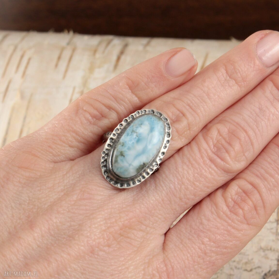 Larimar i srebro 925 i 999 - pierścionek r. 13,5