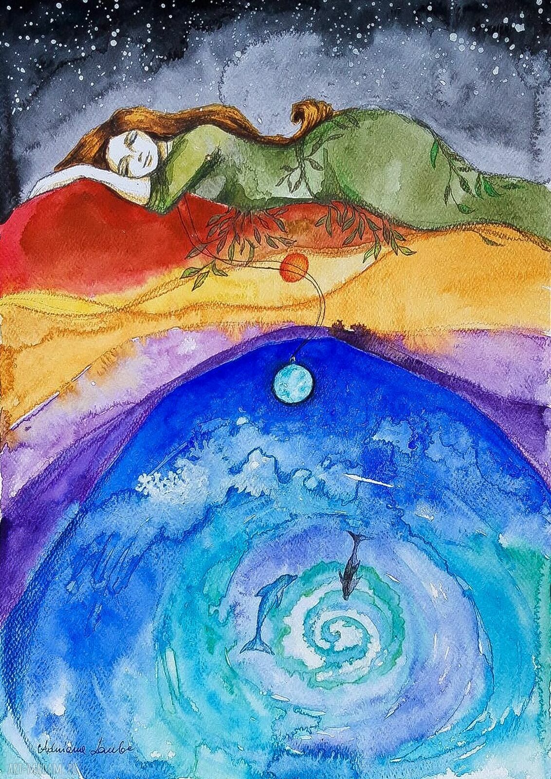 Larimar - sen o Atlantydzie, nastrojowa akwarela A3