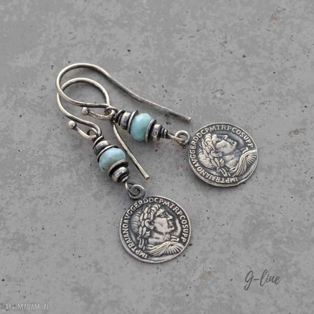Larimar - kolczyki z monetą ze srebra 925 (rzymski motyw)
