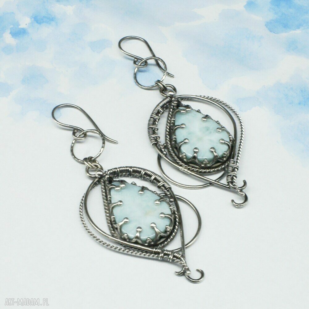 Larimar w srebrze 925 i 999 - kolczyki Lethias w technice wire wrapping