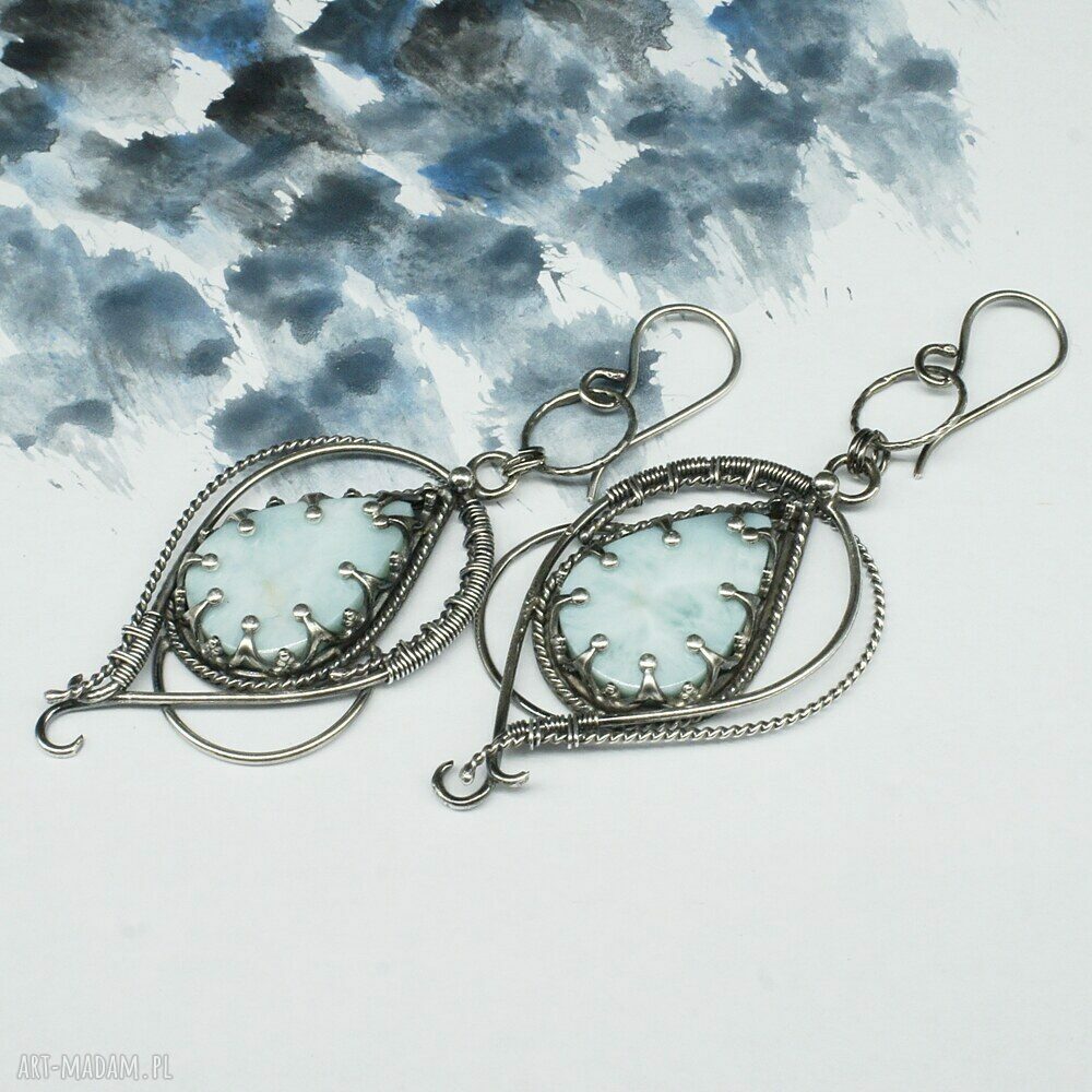 Larimar w srebrze 925 i 999 - kolczyki Lethias w technice wire wrapping