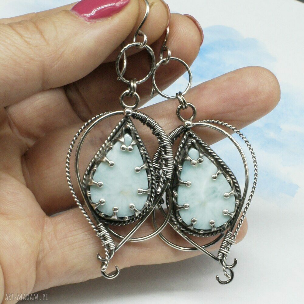 Larimar w srebrze 925 i 999 - kolczyki Lethias w technice wire wrapping