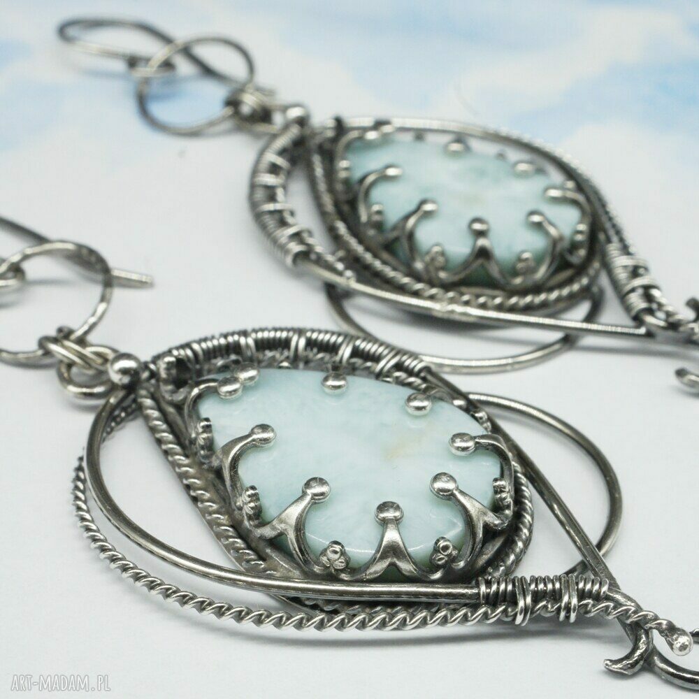 Larimar w srebrze 925 i 999 - kolczyki Lethias w technice wire wrapping