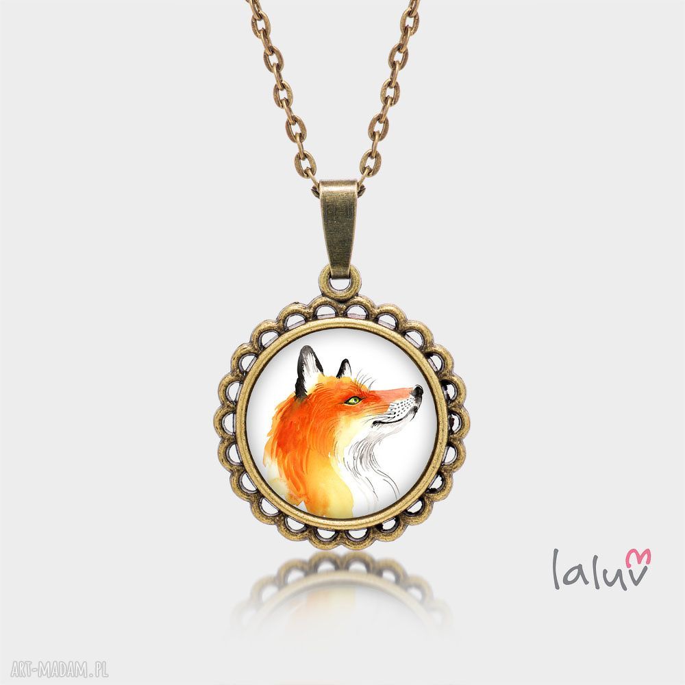 Medalion okrągły mały lis - ręcznie robiony naszyjnik z wypukłym szkiełkiem