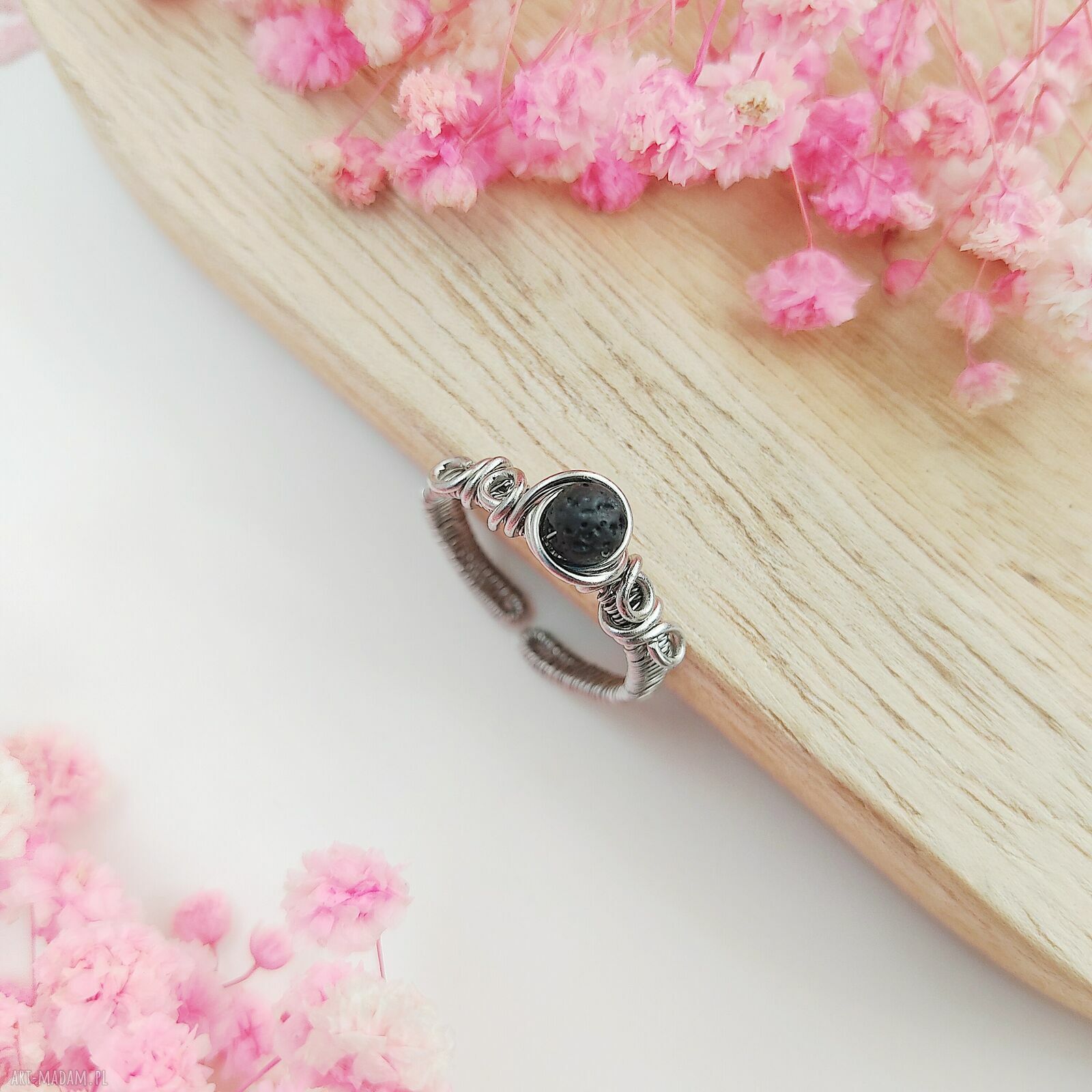 Pierścionek Lawa Wulkaniczna regulowany ze stali chirurgicznej - wire wrapping
