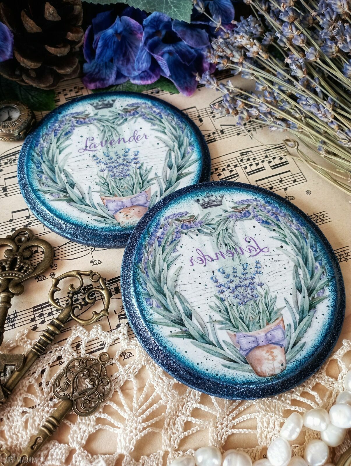 Lawendowe podkładki decoupage - komplet 2 szt. (śr. 10 cm)