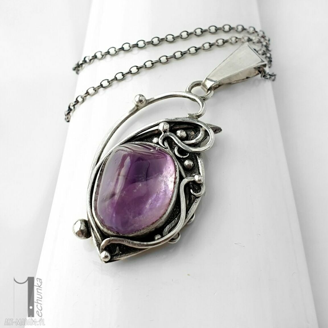 Lawendowy amulet srebrny naszyjnik z ametrynem (dwustronny wisior)
