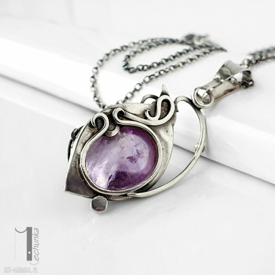 Lawendowy amulet srebrny naszyjnik z ametrynem (dwustronny wisior)