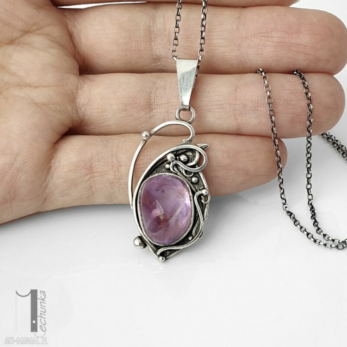 Lawendowy amulet srebrny naszyjnik z ametrynem (dwustronny wisior)