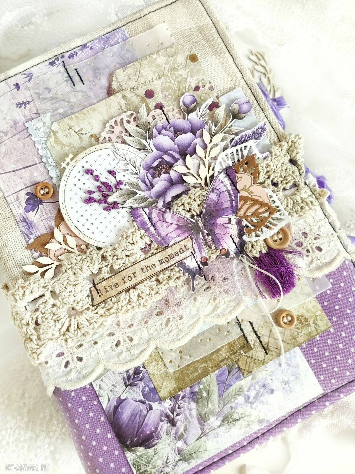 Lawendowy junk journal A5 - ręcznie robiony notes z kieszonkami