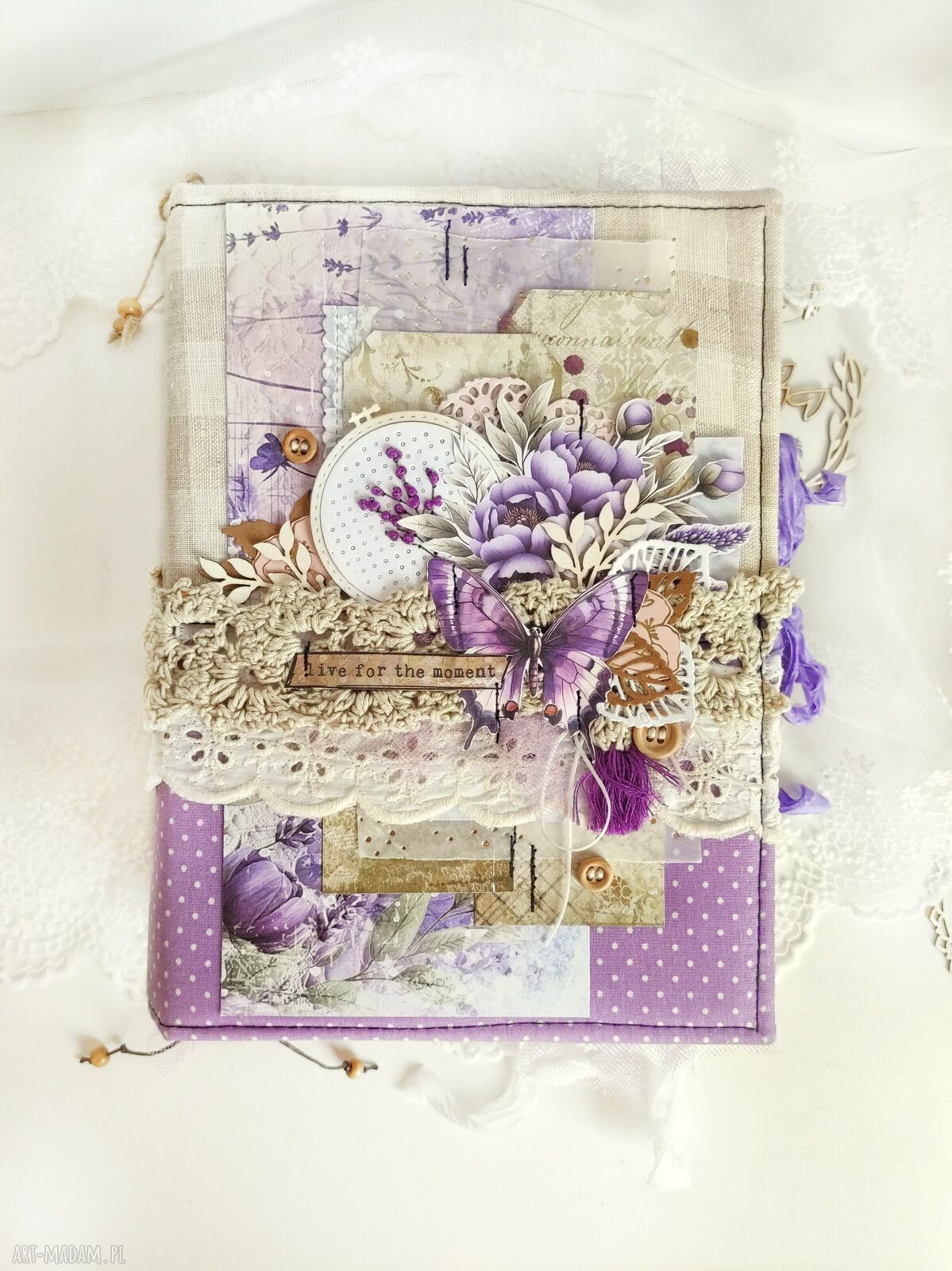 Lawendowy junk journal A5 - ręcznie robiony notes z kieszonkami