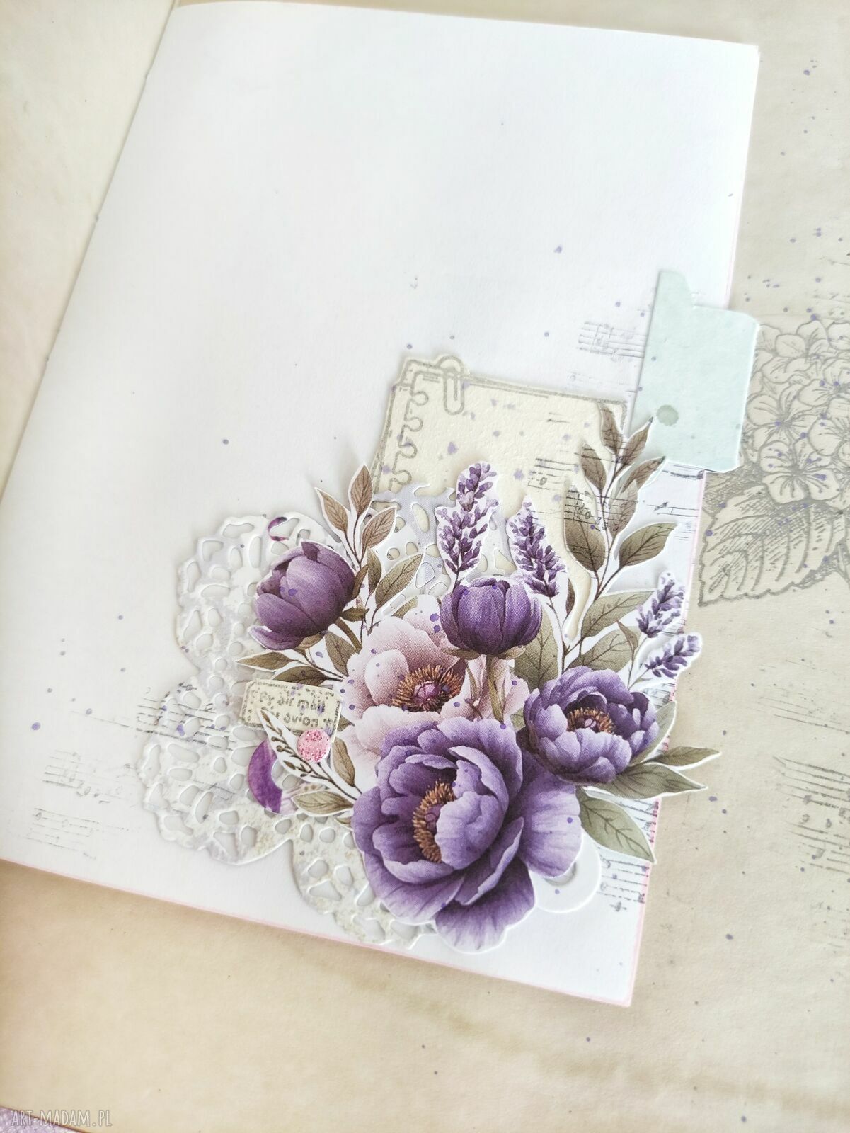 Lawendowy junk journal A5 - ręcznie robiony notes z kieszonkami