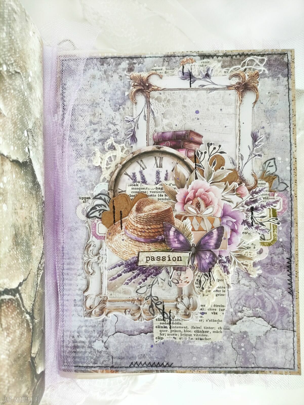 Lawendowy junk journal A5 - ręcznie robiony notes z kieszonkami