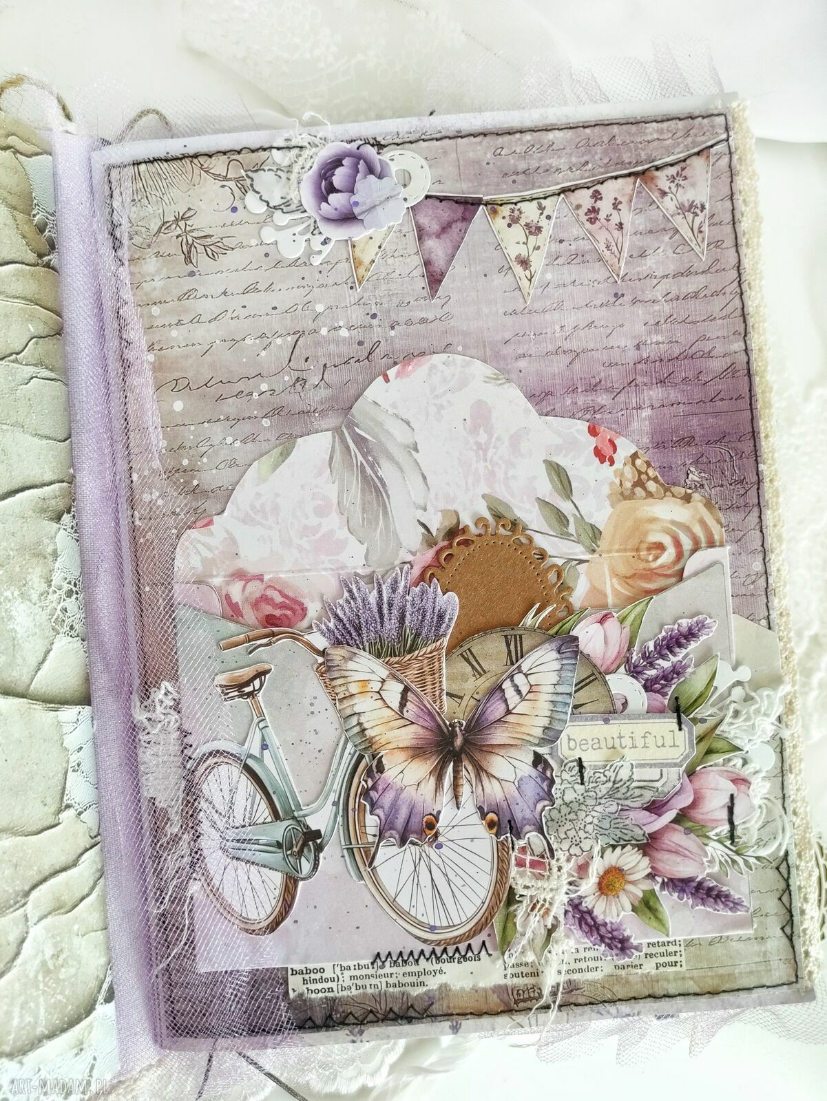 Lawendowy junk journal A5 - ręcznie robiony notes z kieszonkami