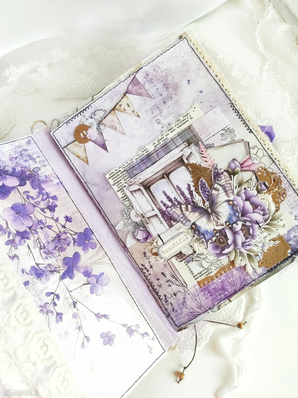 Lawendowy junk journal A5 - ręcznie robiony notes z kieszonkami
