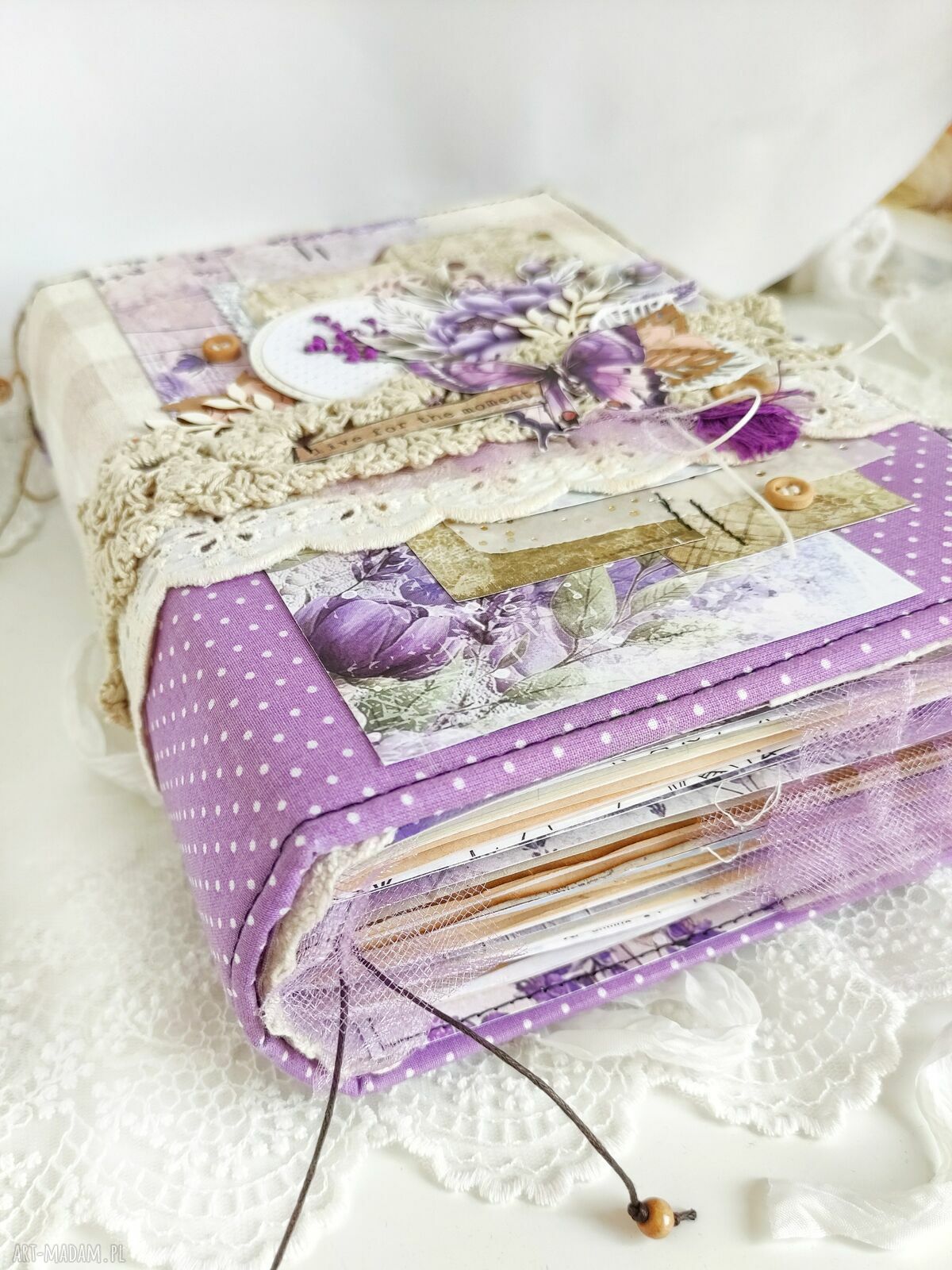 Lawendowy junk journal A5 - ręcznie robiony notes z kieszonkami
