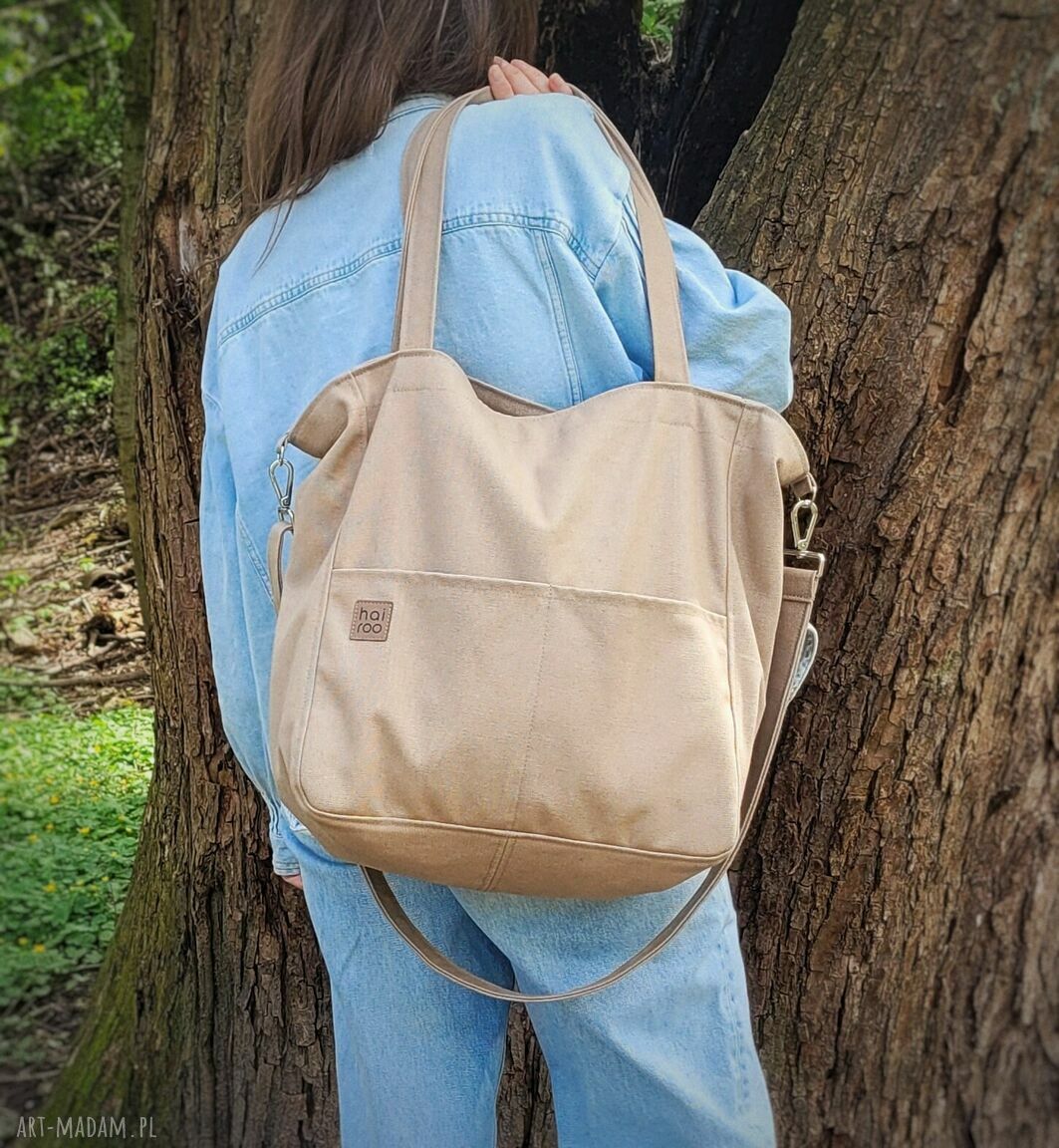 Lazy Bag Pocket - ciemnobeżowa torebka na ramię vegan z bawełny canvas