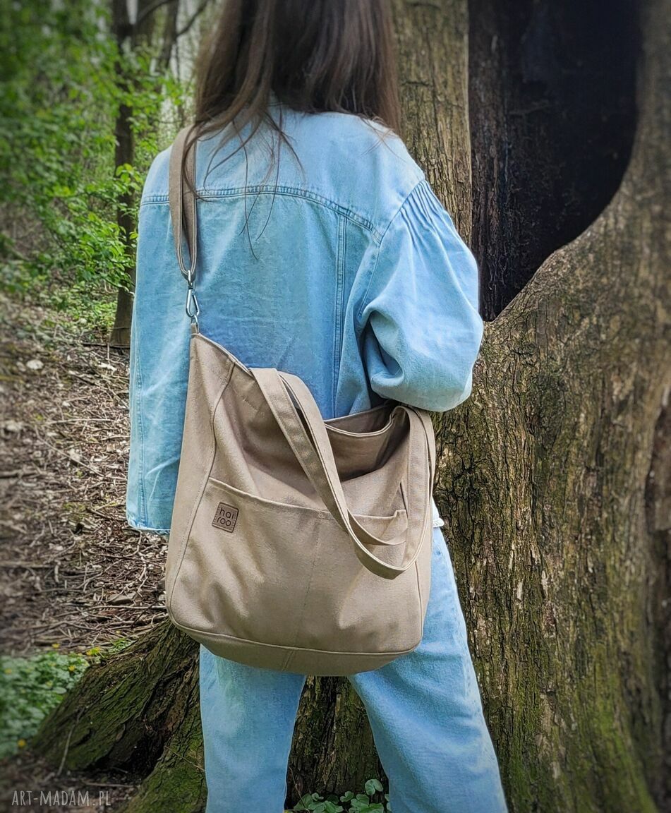 Lazy Bag Pocket - ciemnobeżowa torebka na ramię vegan z bawełny canvas