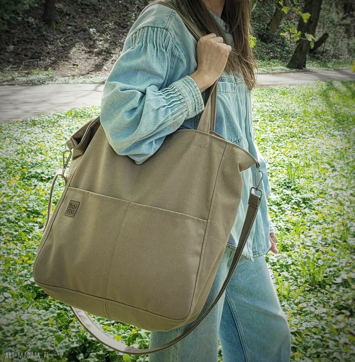 Lazy Bag Pocket - ciemnobeżowa torebka na ramię vegan z bawełny canvas