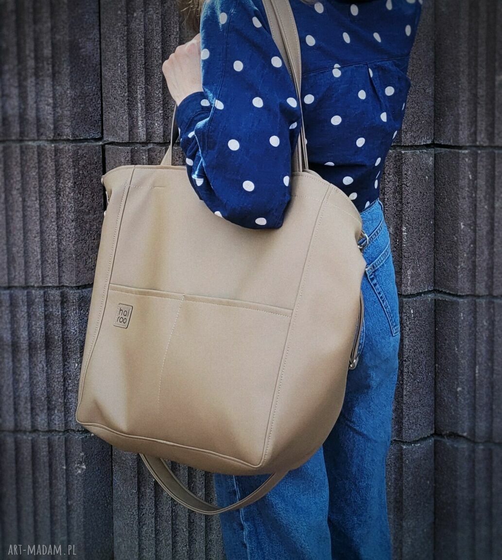 Lazy Bag Pocket - torba na ramię ciemnobeżowa z ekoskóry oversize